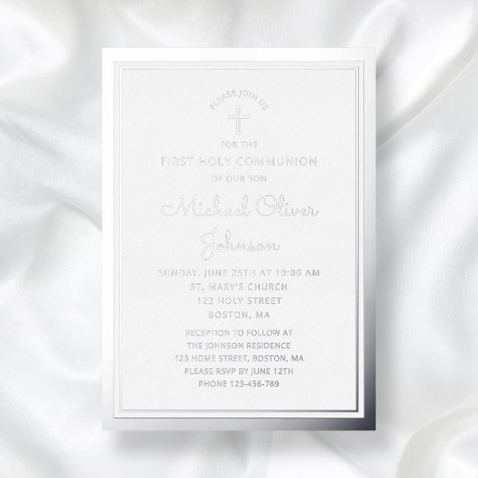 Invitation En Aluminium Élégant Script Garçon Première Communion Argent