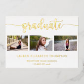 Invitation En Aluminium Élégant Script Graduation 3 Photo Gold (Recto)