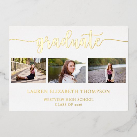 Invitation En Aluminium Élégant Script Graduation 3 Photo Gold (Recto)