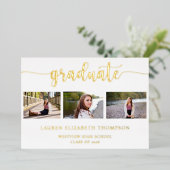 Invitation En Aluminium Élégant Script Graduation 3 Photo Gold (Debout devant)