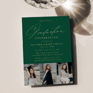 Invitation En Aluminium Élégant Script Green 3 Photo Graduation Party