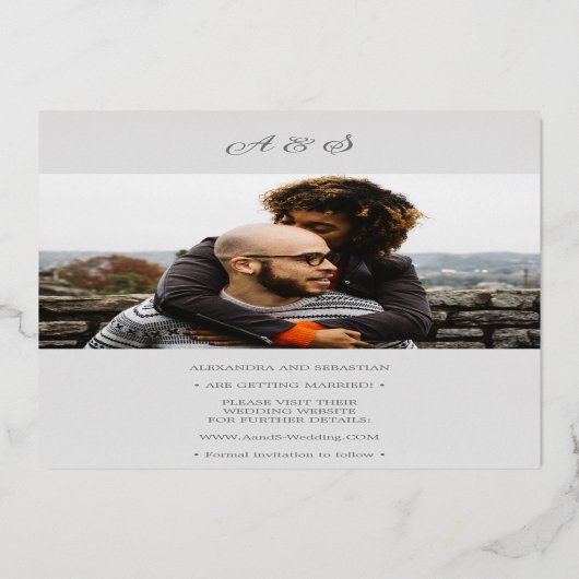 Invitation En Aluminium Élégant Script Gris perles Enregistrer la date Arg (Verso)