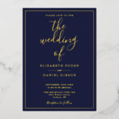 Invitation En Aluminium Élégant Script Marine Blue Mariage Gold Foil (Recto)