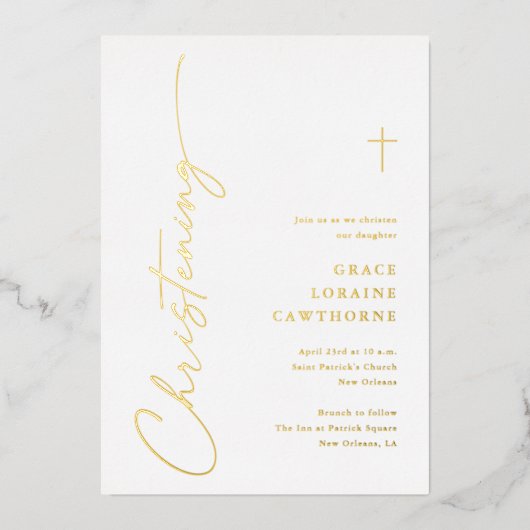 Invitation En Aluminium Élégant script moderne Christening Gold (Recto)