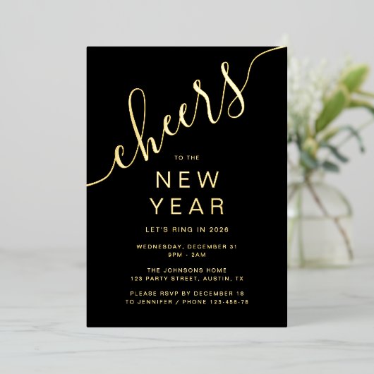 Invitation En Aluminium Elegant Script New Year Party Gold (Debout devant)