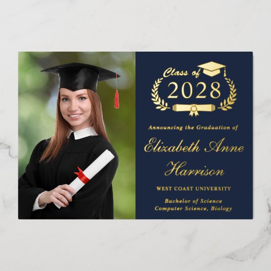 Invitation En Aluminium Élégant Script Photo Blue College Graduation Party (Recto)