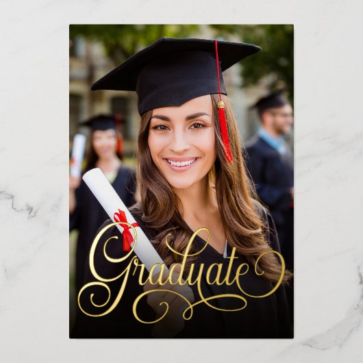 Invitation En Aluminium Élégant script photo Diplômé noir (Recto)