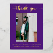 Invitation En Aluminium Élégant Script Purple Gold Photo Graduation (Recto)