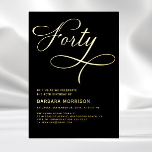 Invitation En Aluminium Élégant Script Quarante Noir Or 40e Anniversaire