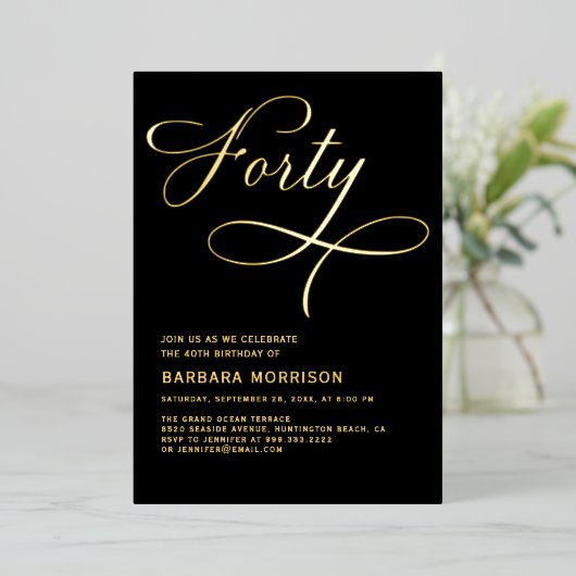 Invitation En Aluminium Élégant Script Quarty Black Gold 40e anniversaire (Debout devant)