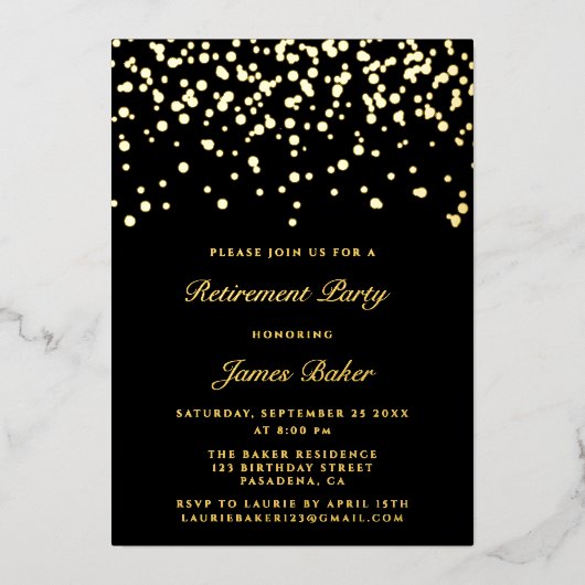 Invitation En Aluminium Élégant Script Retraite Party Noir & Or (Recto)
