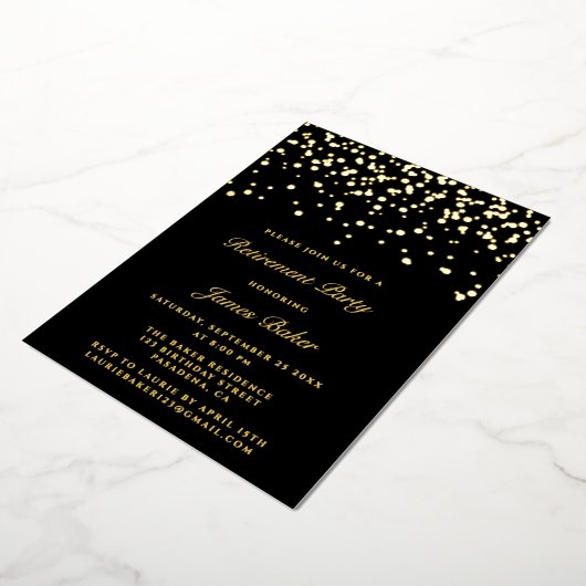 Invitation En Aluminium Élégant Script Retraite Party Noir & Or (Rotation)