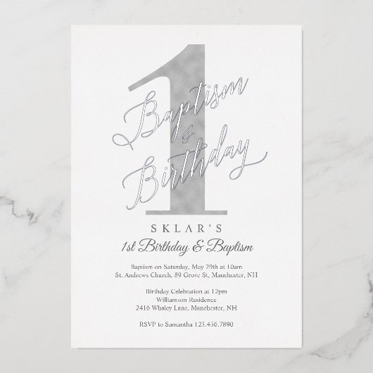 Invitation En Aluminium Élégant Script Silver Baby 1er Anniversaire & Bapt (Recto)