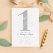 Invitation En Aluminium Élégant Script Silver Baby 1er Anniversaire & Bapt