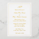 Invitation En Aluminium Élégant Script Simple Formal Monogramme Mariage Or<br><div class="desc">Faire-part de mariage de style traditionnel avec un design simple et classique avec votre monogramme en haut avec vos détails mariages dans un script élégant entouré d'une bordure. Tous les éléments de conception sont en feuille d'or. Ce Faire-part de mariage au design intemporel est parfait pour un mariage formel.</div>