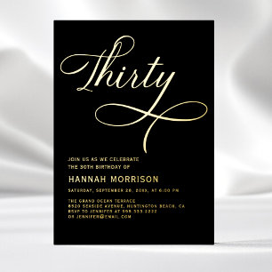 Invitation En Aluminium Élégant Script Thirty Noir Or 30e Anniversaire