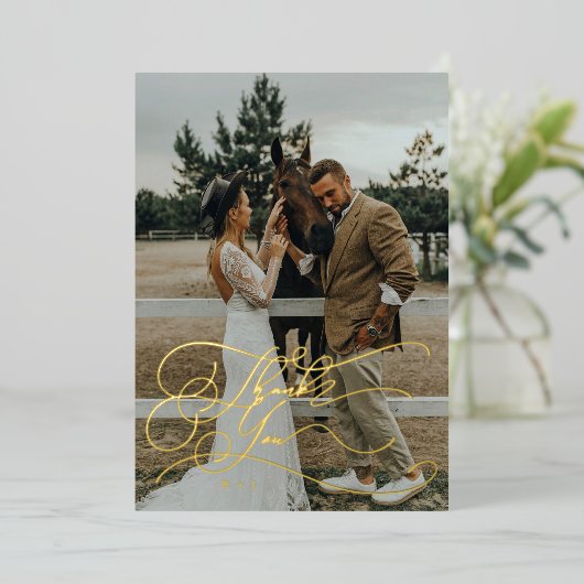 Invitation En Aluminium Élégant Script Typographie Merci Photo Mariage (Debout devant)