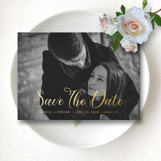 Invitation En Aluminium Élégant Script Wedding Enregistrer la date Photo p