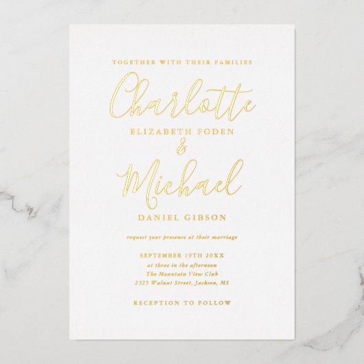 Invitation En Aluminium Élégant signature Script Calligraphie Mariage Or (Recto)