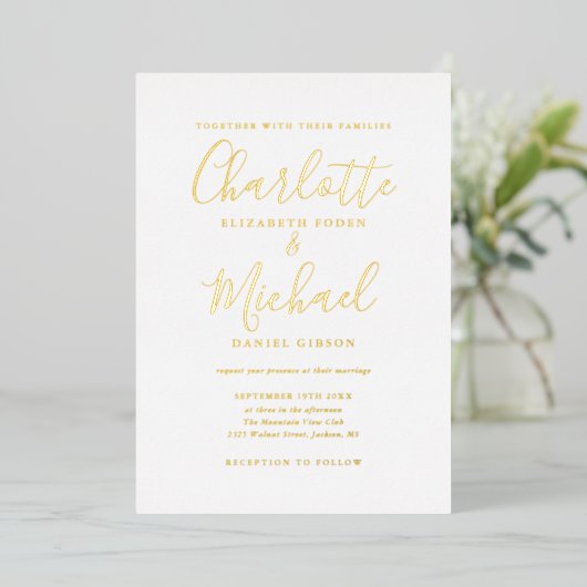 Invitation En Aluminium Élégant signature Script Calligraphie Mariage Or (Debout devant)