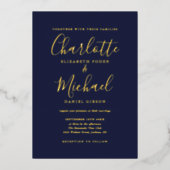 Invitation En Aluminium Élégant Signature Script Marine Blue Mariage Gold (Recto)