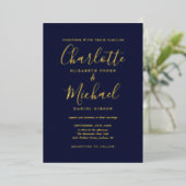 Invitation En Aluminium Élégant Signature Script Marine Blue Mariage Gold (Debout devant)