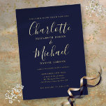 Invitation En Aluminium Élégant Signature Script Marine Blue Mariage Gold<br><div class="desc">Avec des noms de style signature,  cette élégante feuille d'or bleu marine peut être personnalisée avec vos informations en lettrage chic. Conçu par Thisisnotme©</div>
