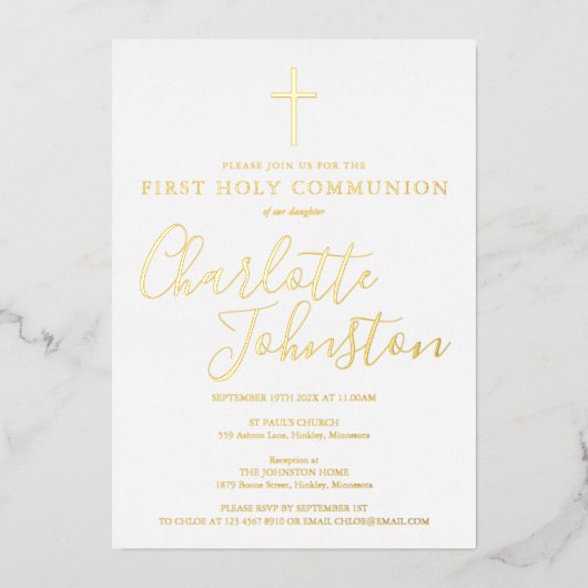 Invitation En Aluminium Élégant Signature Script Première Communion sainte (Recto)