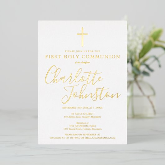 Invitation En Aluminium Élégant Signature Script Première Communion sainte (Debout devant)