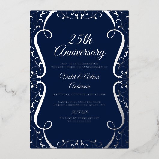 Invitation En Aluminium Élégant Silver Navy Swirl 25e anniversaire Mariage (Recto)