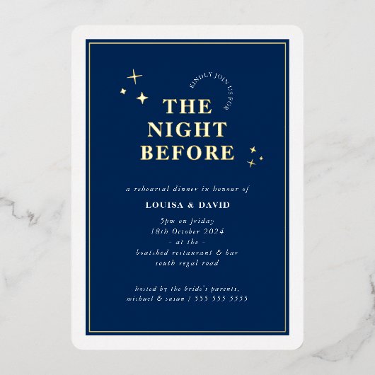 Invitation En Aluminium ELEGANT simple étoiles répétition dîner marine ble (Recto)