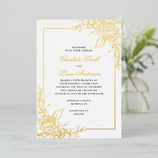 Invitation En Aluminium Élégant simple huile or Pressé Mariage floral (Debout devant)