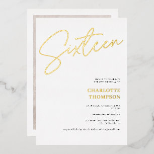 Invitation En Aluminium Élégant simple moderne blanc photo Sweet 16 or