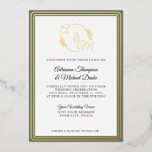 Invitation En Aluminium Élégant Simple Moderne Mariage Vert Sage Or (Recto)