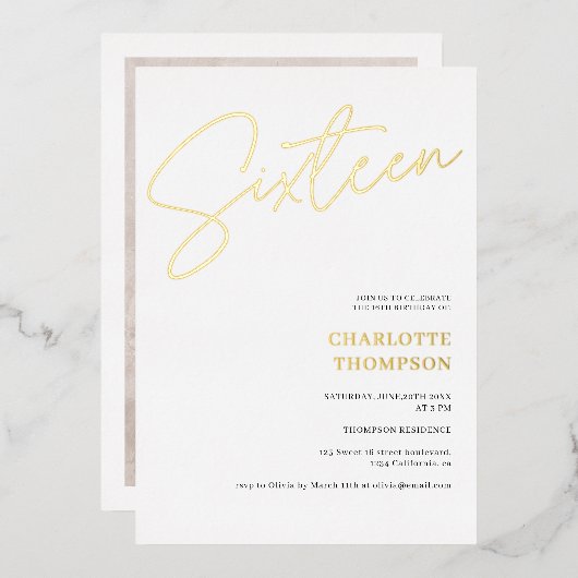 Invitation En Aluminium Elégant simple moderne photo blanche doux 16 or (Recto/Verso)