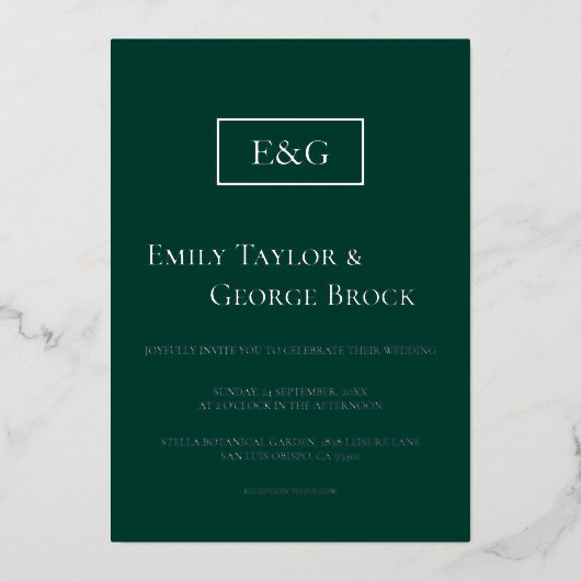 Invitation En Aluminium Élégant simple Monogramme vert Mariage moderne (Recto)