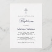 Invitation En Aluminium Élégant Simple Navy Bleu argent Croix Baptême (Recto)