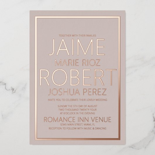 Invitation En Aluminium ÉLÉGANT & SIMPLE Typographie Tan Mariage Muet (Recto)