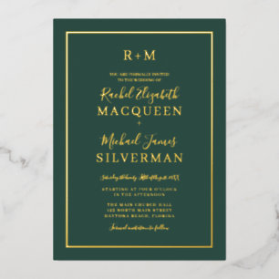 Invitation En Aluminium Élégant Simple Véritable Bordure d'or Mariage vert