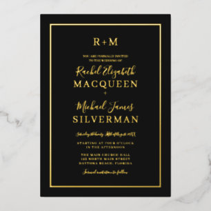 Invitation En Aluminium Elégant Simple Véritable Bordure Or Mariage noir