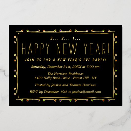 Invitation En Aluminium Élégant String Lights New Year's Eve Party Real (Recto)