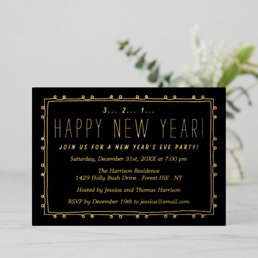 Invitation En Aluminium Élégant String Lights New Year's Eve Party Real (Debout devant)