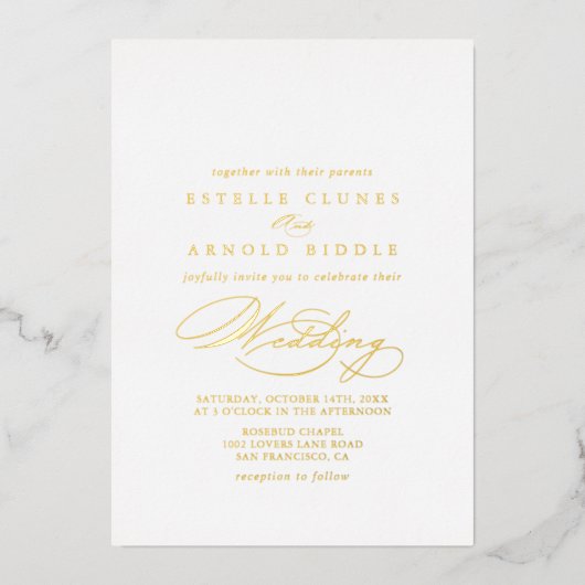 Invitation En Aluminium Élégant Stylish Calligraphie Mariage Or (Recto)