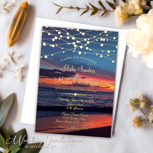 Invitation En Aluminium Elégant Sunset Beach String Lights Mariage été
