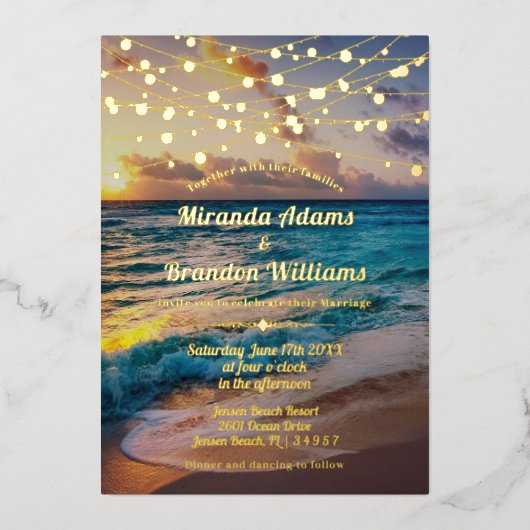Invitation En Aluminium Elégant Sunset Beach String Lights Mariage été (Recto)