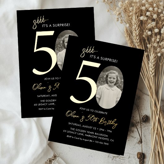 Invitation En Aluminium Elegant Surprise 50th Birthday Black and Gold