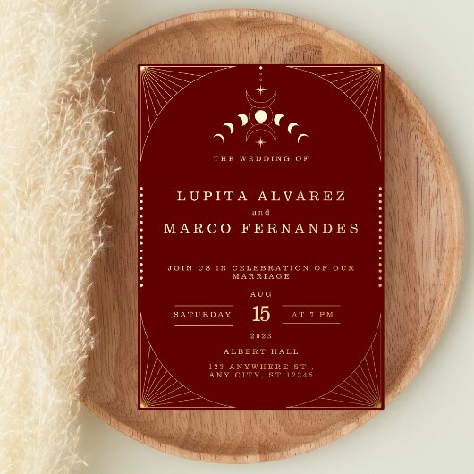 Invitation En Aluminium Élégant Tarot Gold Red Maroon Mariage réel