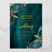 Invitation En Aluminium Elegant Teal Blue Gold Floral Wedding (Recto)