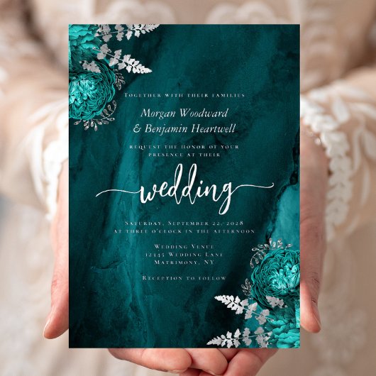 Invitation En Aluminium Elegant Teal Blue Silver Floral Wedding