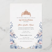 Invitation En Aluminium Elégant Tiara Gold Blue roses Quinceañera (Recto)
